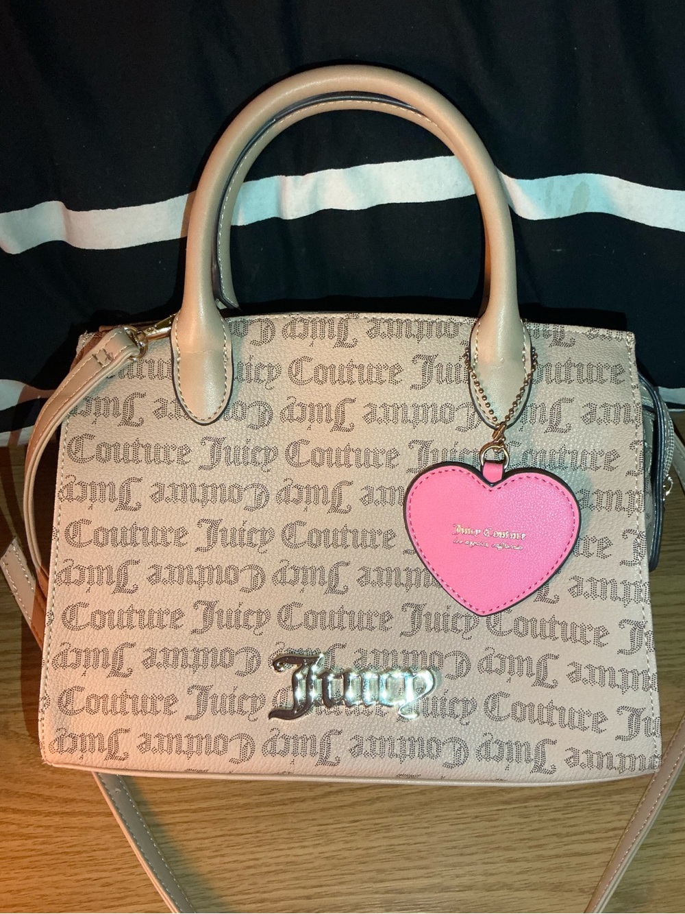 Juicy Couture Beige Logo-Print Satchel with Pink Heart Charm